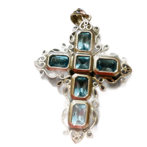 925 STAMP Silver Blue Topaz Cross Pendant - Picture 2 of 3